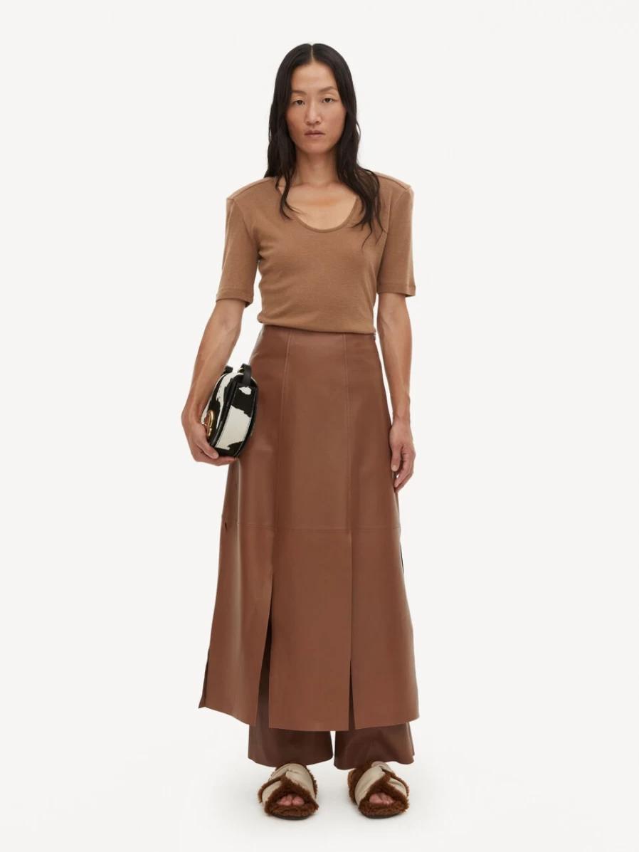 By Malene Birger Women's Dark Tan Lunes Leather Skirt - Genuine Leather High Waist A-Line Design