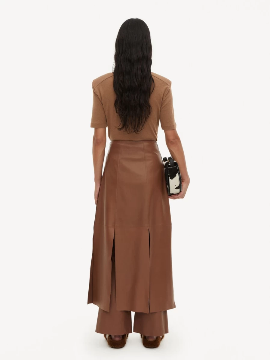 By Malene Birger Women's Dark Tan Lunes Leather Skirt - Genuine Leather High Waist A-Line Design